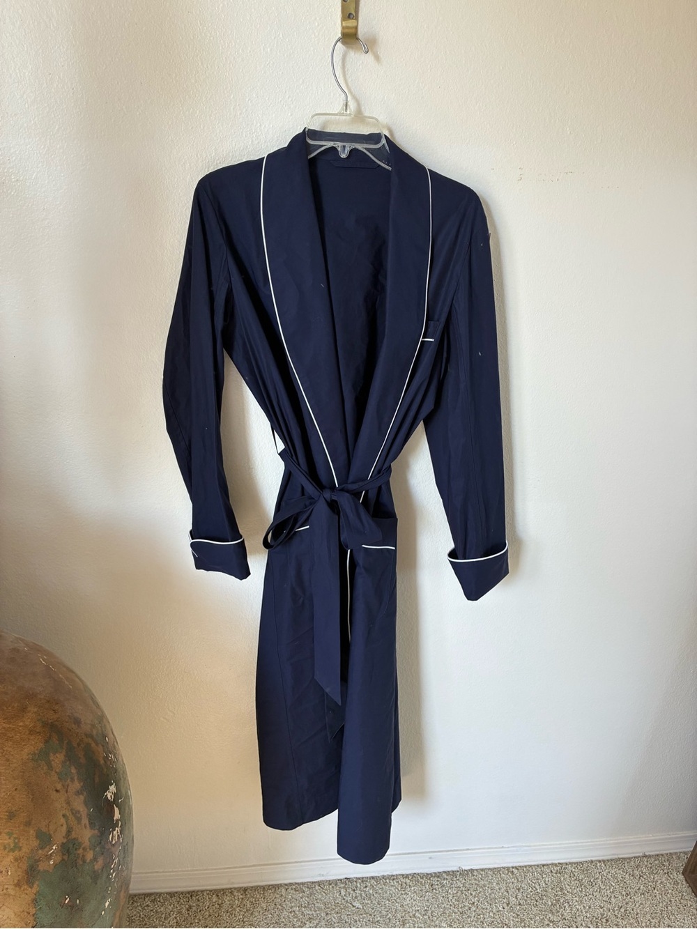 THE ROW Navy Blue 100% Cotton Poplin Contrast Piping Long Robe Made in USA